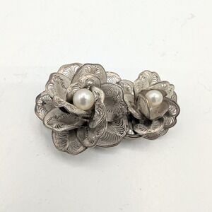 Vintage Silver Filigree Double Flower Pin Brooch with Pearls 14.6g
